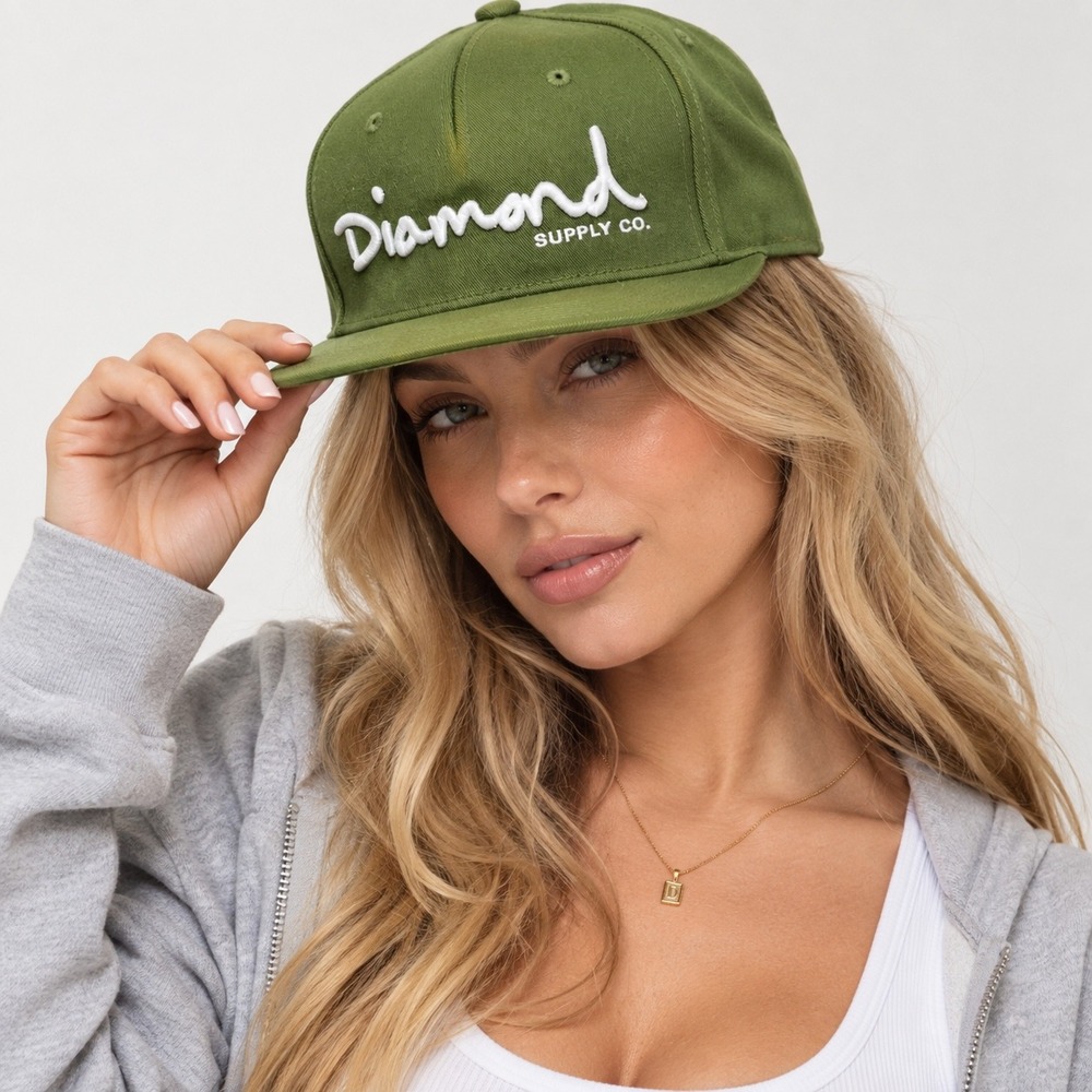 Diamond Supply Co Olive Green Snapback Hat Script Logo Skate Streetwear Cap